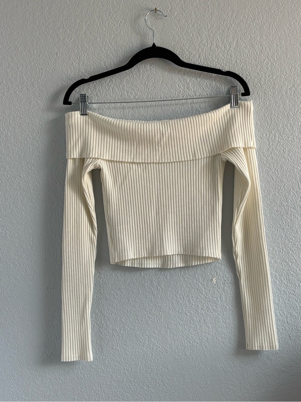 Off-Shoulder Ribbed Long-Sleeve Top - Size Small